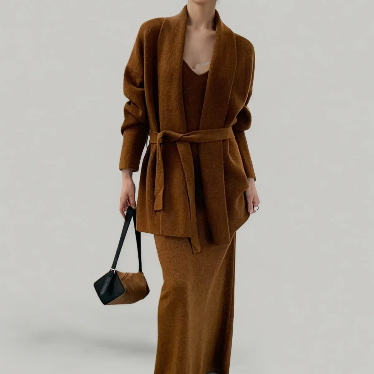 CiCi 2025 ملابس نسائية أنيقة مكونة من قطعتين لفصل الخريف والشتاء طقم فستان تويد مع حزام وشاح الخصر فستان حفلات العمل المكتبي #3