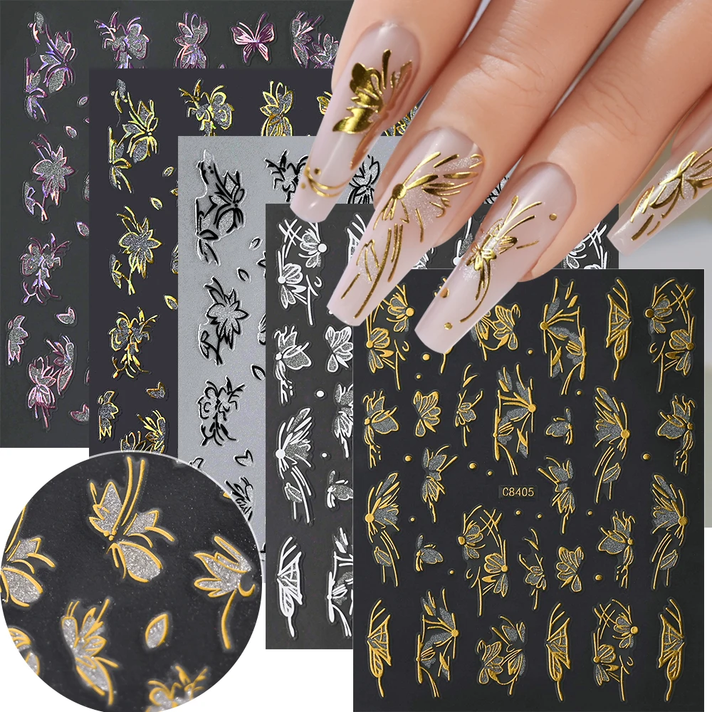 6Pcs/Set 3D Butterfly Nail Art Sticker Laser White Black Gold Flowers Bow Sliders Y2K Floral Fairy Butterfly Manicure Decals