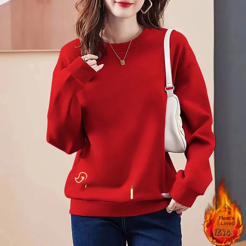 

Утепленная флисовая толстовка с капюшоном на осень-зиму, большой размер, 300 г/м², красная, с узором, праздничная модель к Новому году