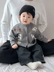 2025 Winter Baby Clothes Boys Knitted Sweaters Girls Cartoon Puppy Cardigan kids Leisure Trousers 1 To 4 Years Toddlers Top Suit