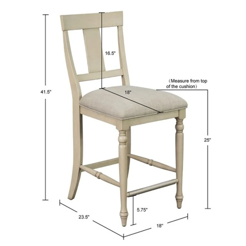 Farmhouse Counter Stool: Rustic Whitewash Upholstered Seat, Elegant Turned Wood Legs, Silver Metal Kick Plate, Assembly Required