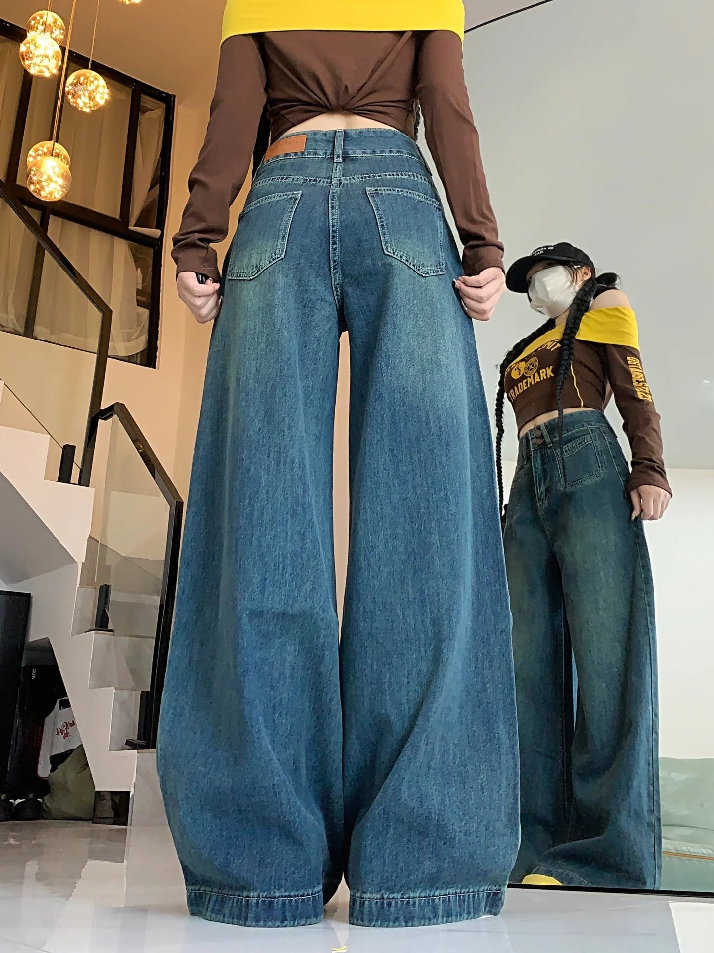 

Джинсы с высокой талией и широкими штанинами в стиле ретро, женские осенние длинные брюки, утягивающие мясо, джинсы длиной до пола, большие размеры