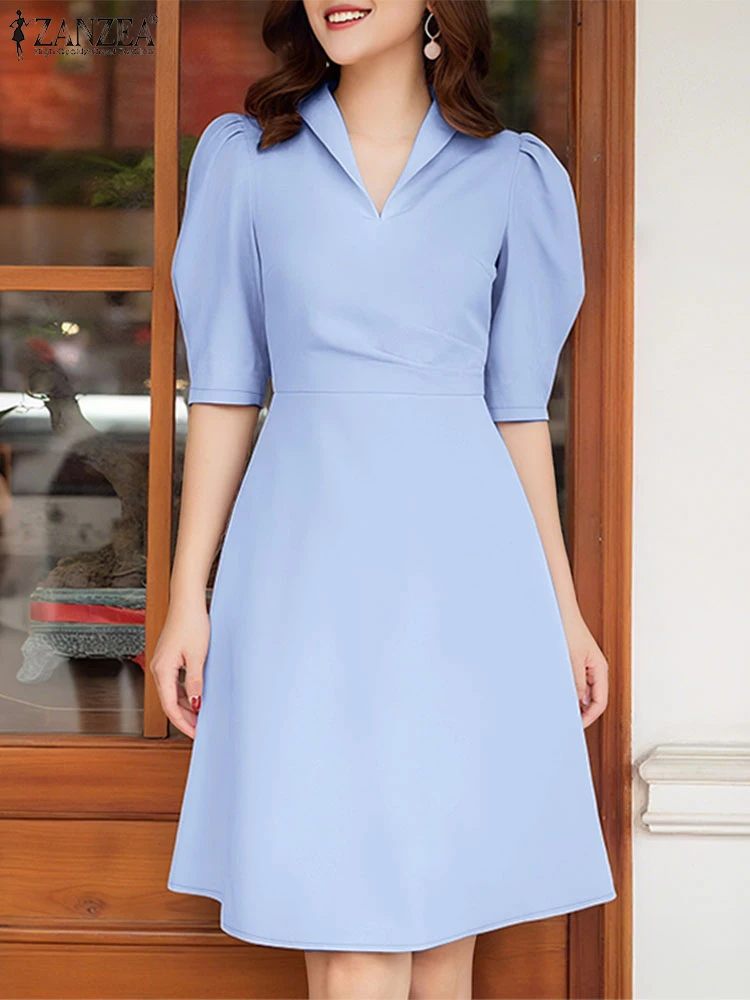 2025 vestido veraniego de verano para mujer ZANZEA elegante cuello en V manga corta trabajo OL vestido elegante sólido vacaciones hasta la rodilla Vestidos Sarafans