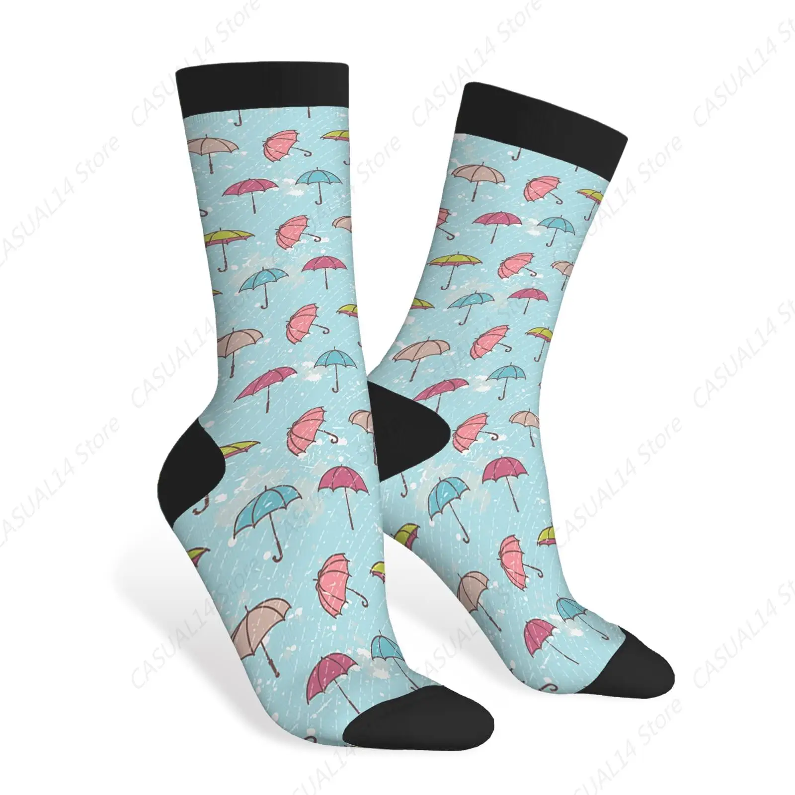 Colorful Cartoon Umbrella Print Rain Spot Splash Art Design Pattern Novelty Casual Crew Socks for Women Men Gift