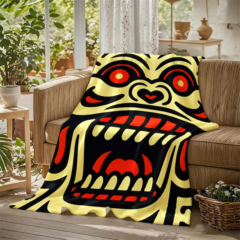 Tribal Mask Totem Flannel Blanket Warm Soft Halloween Christmas Decorative Couch Warm Cozy All-Season Gift