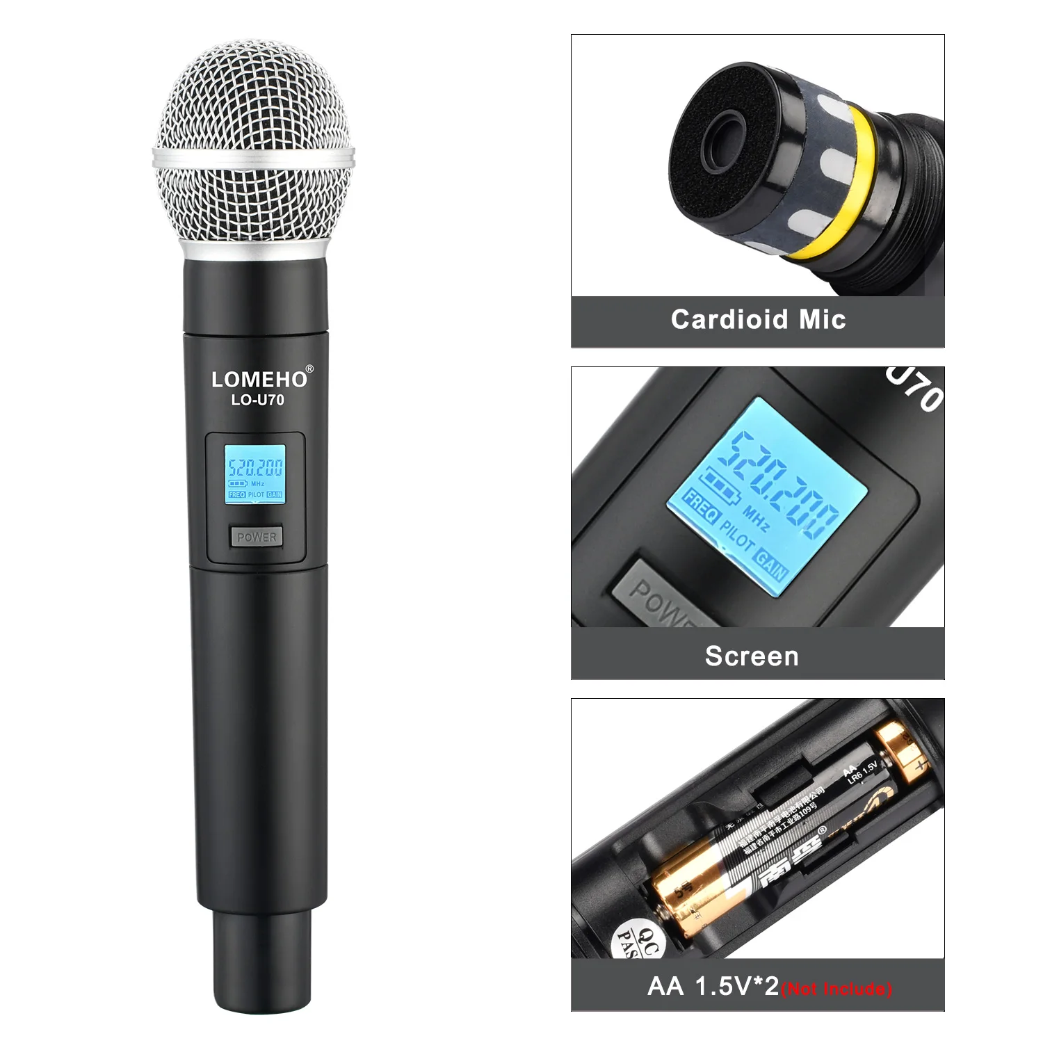 LOMEHO Double UHF Microphone Wireless Adjust Frequency 2 Way Handheld Mic IR SYNC Dynamic Transmitter for Karaoke System LO-U70