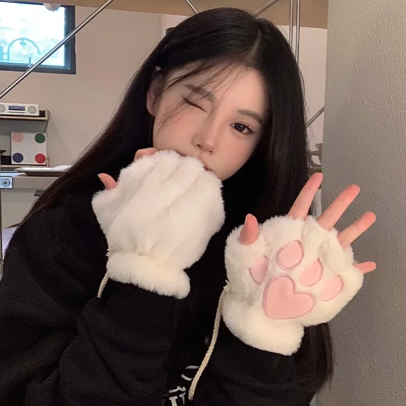 Guantes de gato Kawaii para mujer, mitones de felpa de pata de garra de gato, cálidos, suaves, sin dedos, gruesos, Invierno