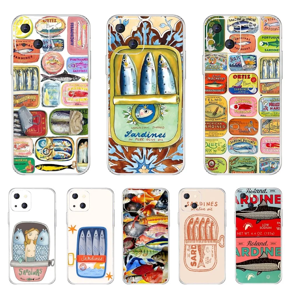 Sardines Canned Phone Case For Iphone 16 15 11 13 14 Pro Max 7 8 Plus X Xr Xs Max 12mini Transparent Cover