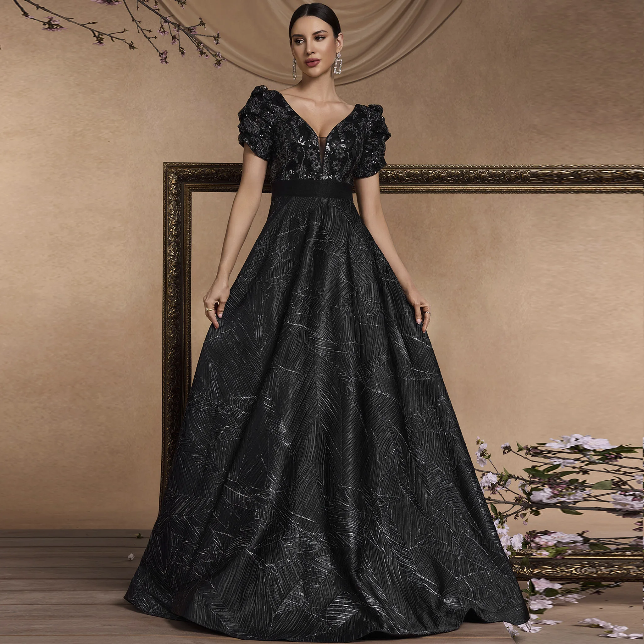 

Rosymae Classic Short Sleeve Black Prom Dress Formal Gown for Wedding Party Elegant A-Line Silhouette Special Occasion Dress