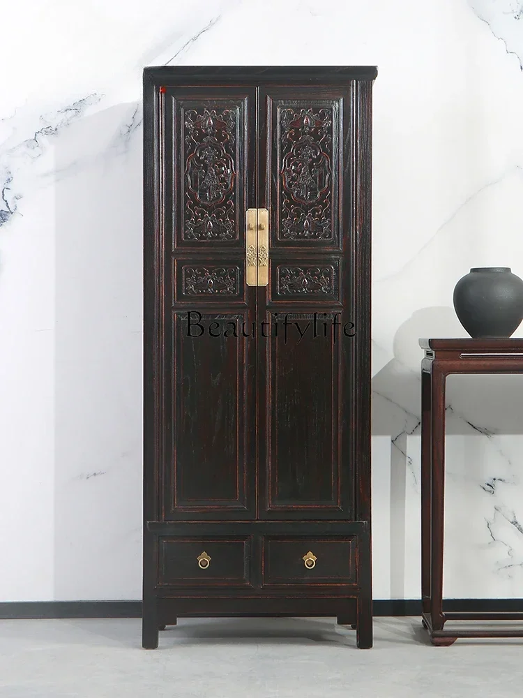 Q S Chinese Retro Wardrobe Antique Solid Wood Carved Bedroom Storage Cabinet Decorative Living Room Cabinet Classical