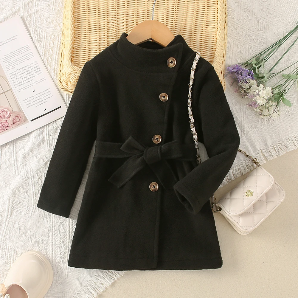 Autumn Style Solid Color Medium High Collar Long Sleeved Trench Coat For Small And Medium-Sized Girls