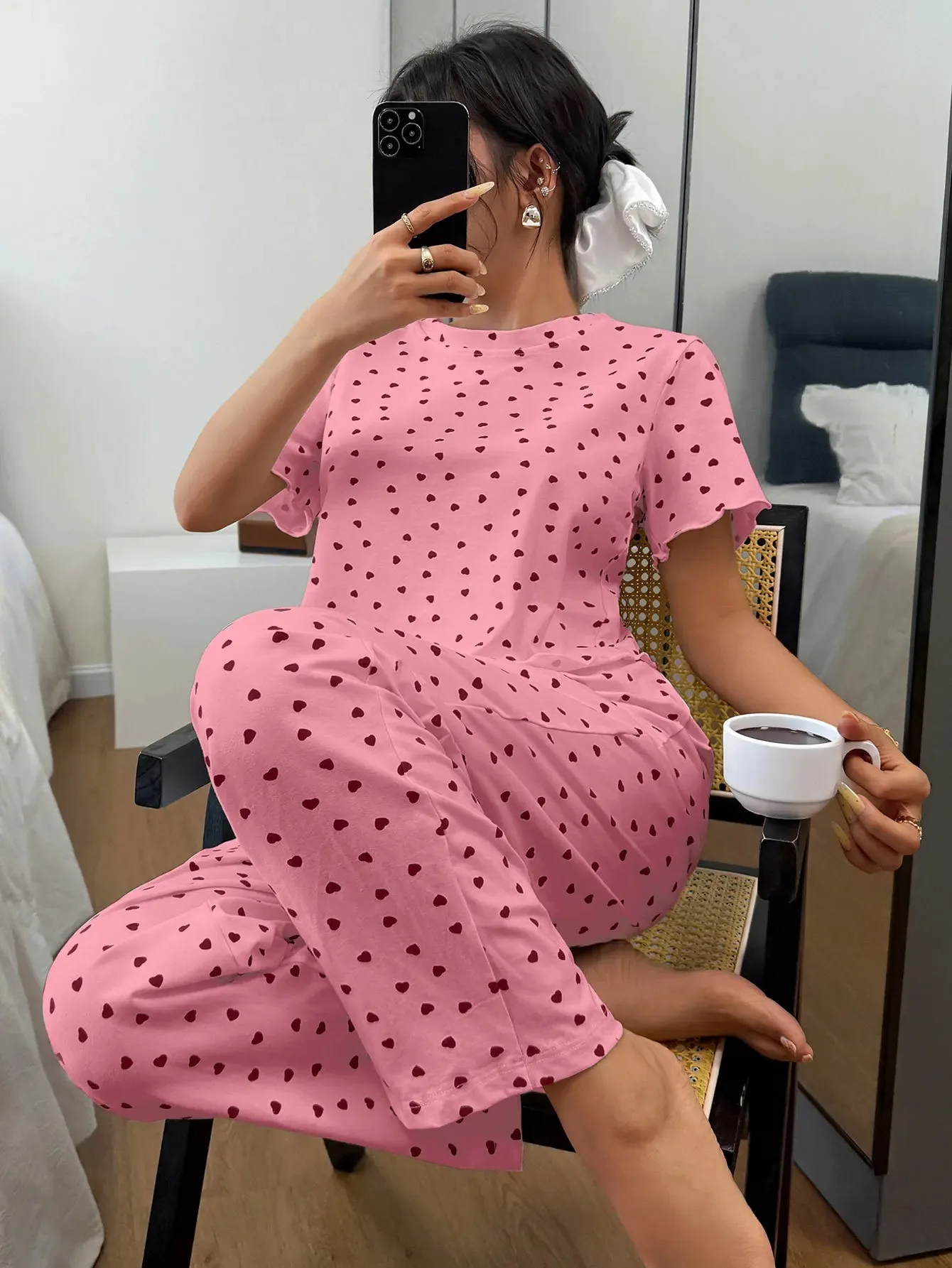

Women's Cotton Pajamas Heart Print Fashion Casual Elegant Pure Desire Short Sleeve Long Pants Homewear Pants Sets For Women
