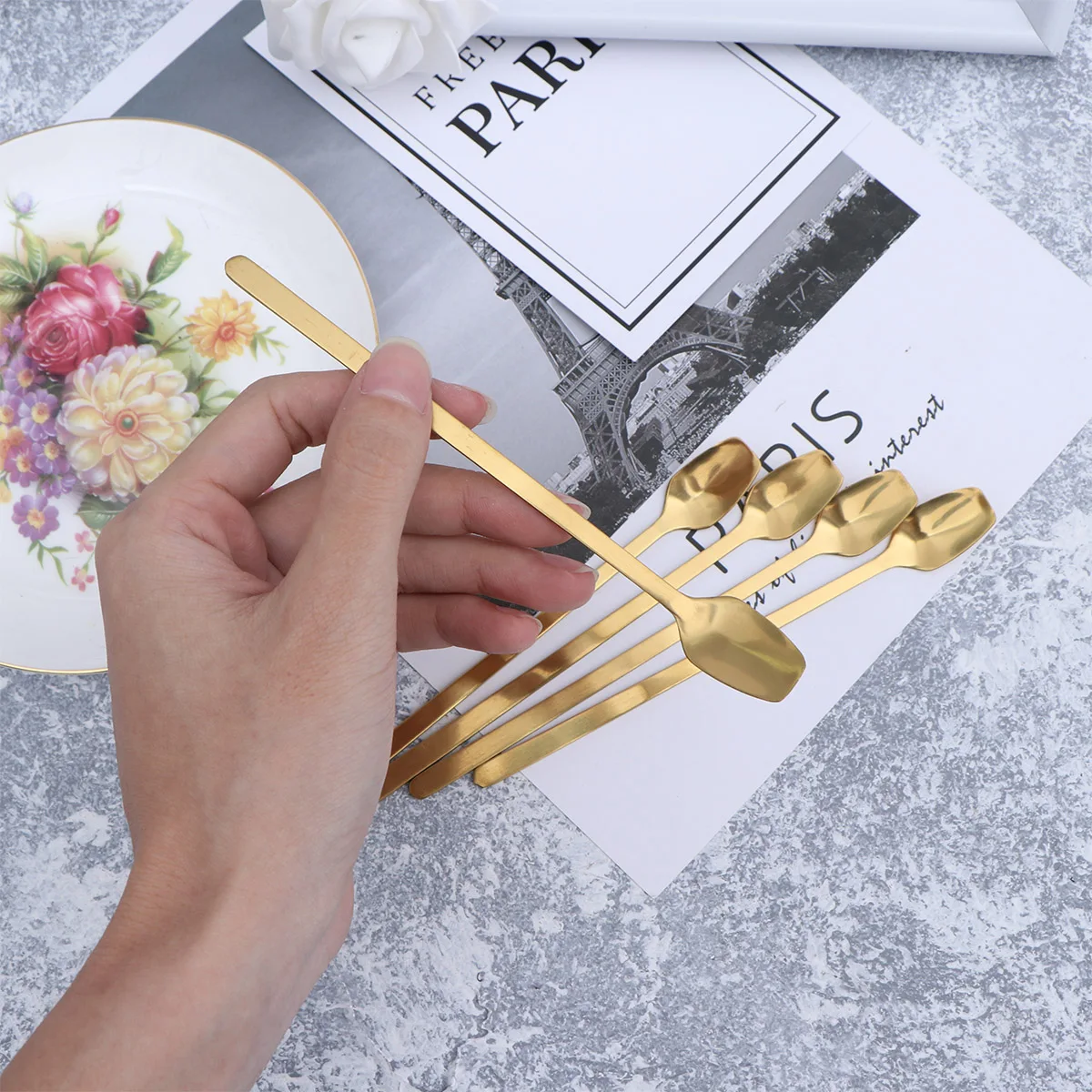 

5pcs Stainless Steel Gold Plated Square Spoon Long Handle Mixing Tool For Iced Coffee Milk Tea Cocktail Dessert Bar Kitchen Use