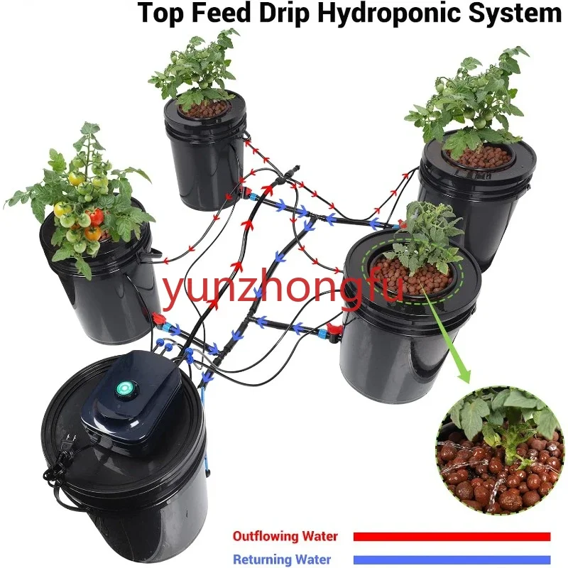 (4 Empty Buckets + Reservoir + Drip Kit) Top Feed Drip Hydroponic Systems, 5 Gallon Hydroponic Culture System Kit