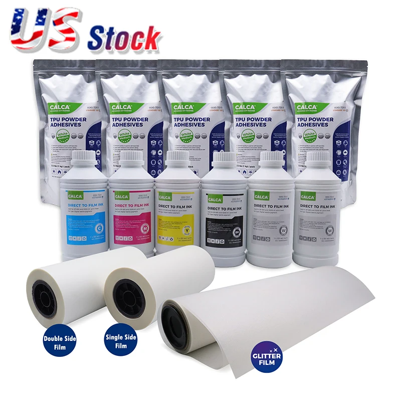 CALCA 24in DTF Printing Starter Supply Pack (1L CMYK, 2L W Ink, 11 lbs Powder, 3 Rolls 24in DTF Film) DTF Kit for Bulk US Stock