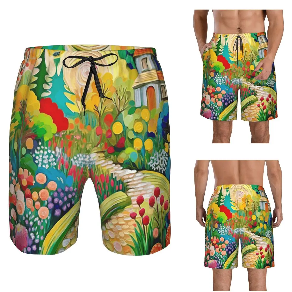 Gustav Klimt Flower Garden With Cottage Trunks Beach Board Shorts Casual Quick Dry Swimming Summer Men Pants
