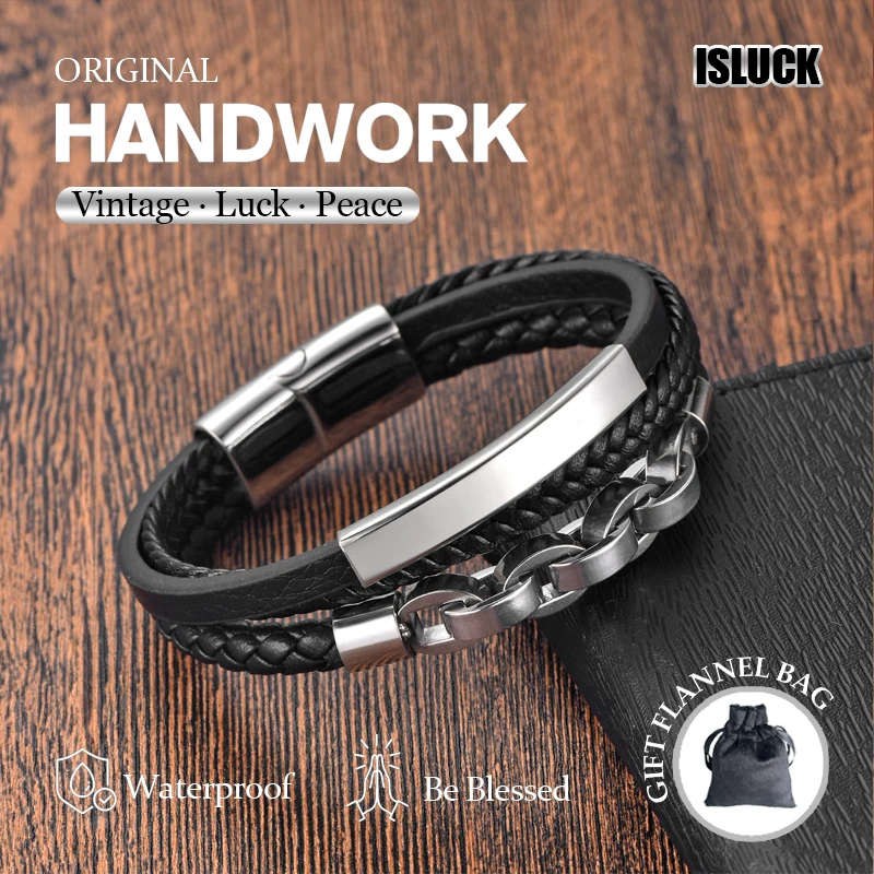 New multi-layer hand-woven leather bracelet for men and women with cowhide leather stainless steel chain bracelet