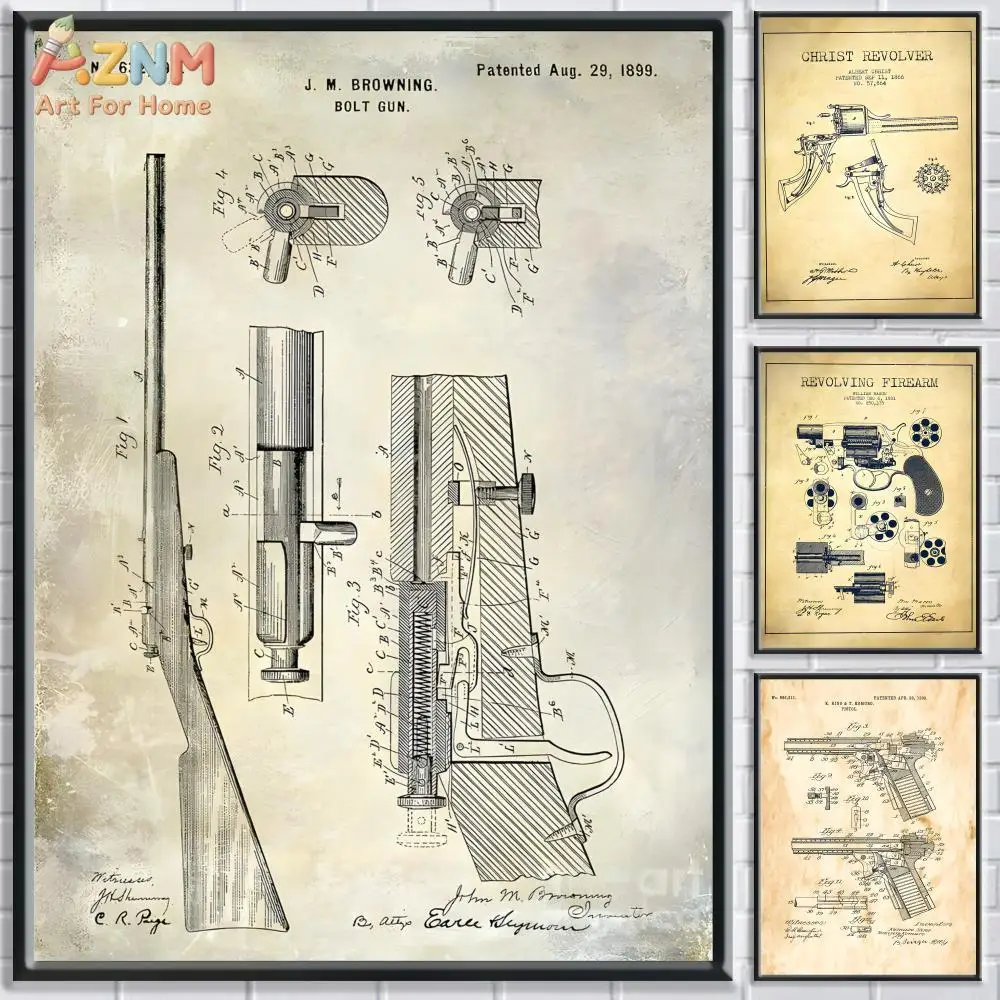 AZNM Vintage Bolt Gun Revolver Patent Blueprint Canvas Wall Art Print Firearm Technical Drawing Man Cave Gun Room Decor Poster