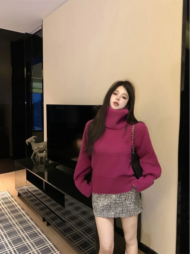 

Корейская водолазка, бежевый вязаный пуловер, свитер, утолщенный теплый ленивый мягкий топ, женский шикарный свободный внутренний слой, серое зимнее пальто