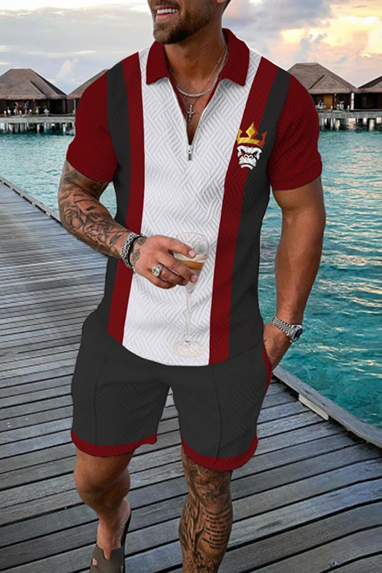 Spring and Summer Men's Suit Polyester Jacquard Craft  Casual  Fashion Red Polo Shirt   Zipper Two Piece Set