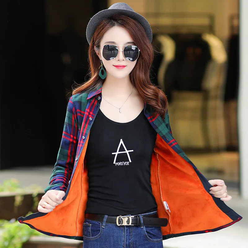 NEW Spring Autumn Winter One Piece Velvet Shirt Women's Long Sleeved Plaid Shirt Blouse Fashion Slim Thick Shirt Jacket Female