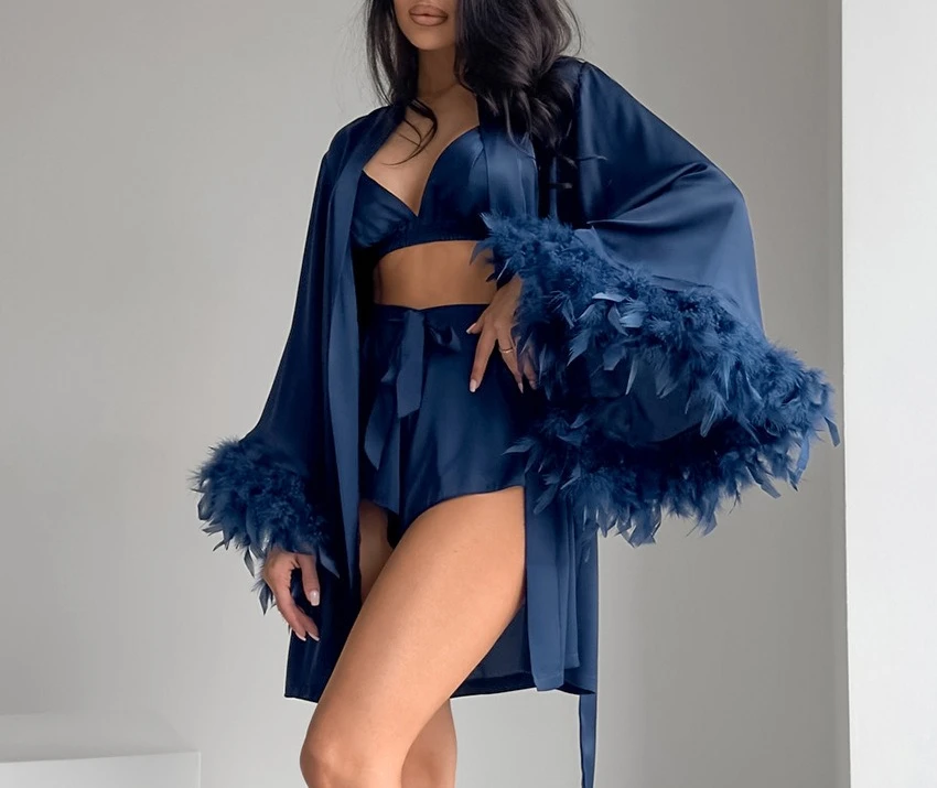 European and American new underwear shorts nightgown three-piece set imitation silk loungewear spring satin feather pajamas wome