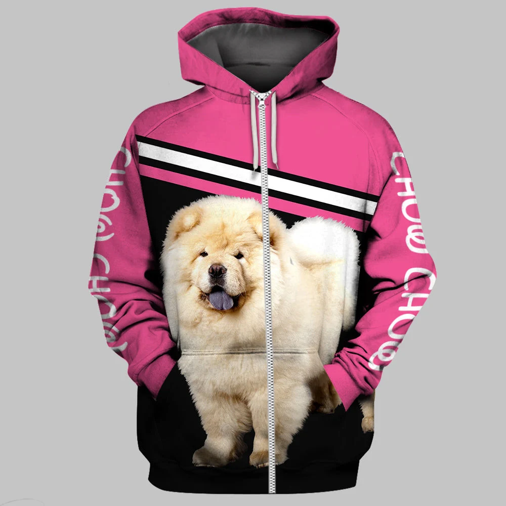 

HX Fashion Animals Zip Hoodies 3D Graphic Chow Chow Printed Pullover Tops Fashion Pets Pullovers Casual Sportswear