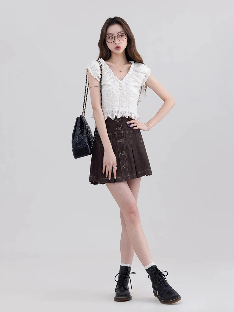 REDDACHiC Cowgirl Brown Denim Mini Skirt Women Summer Plain Casual A-line Pleated Skirt High Rise Short Bottoms Vintage Clothes