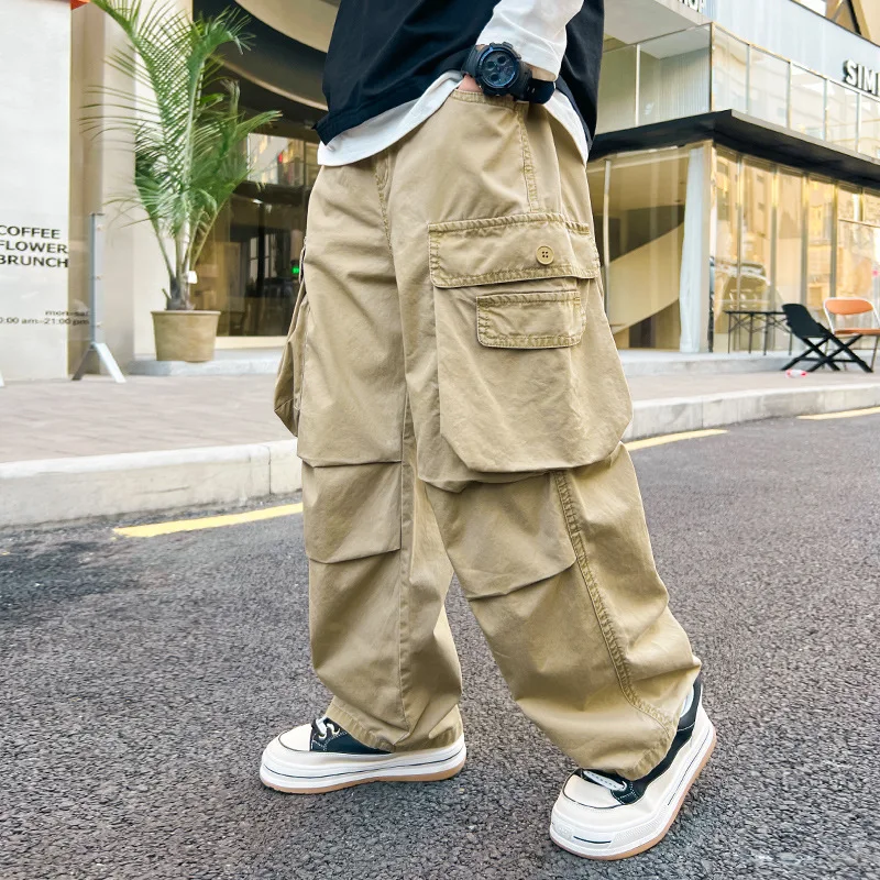 Teenage Boys Wide Leg Cargo Straight Leg Pants Children Trousers 2024 Spring New Feet Draw Rope Two Wear Casual Pockets Pants