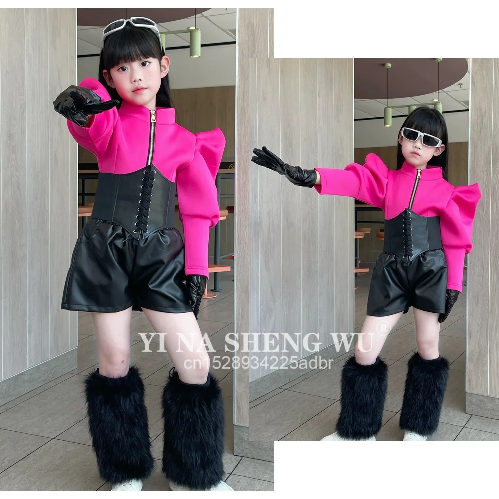 Crianças jazz dança traje meninas roupas de palco conjunto personalizado passarela desempenho roupas hiphop kpop competição wear rosa