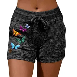 Butterfly Printing Women Shorts Summer Quick Drying High Waist Drawstring Pockets Sports Short Oversize Female Sweatpants 2024