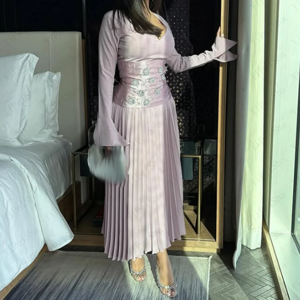 Customized A-Line Prom Dresses Tea-Length V-Neck Full Sleeve Evening Gown Fashion Crystal Pleat Draped Casual Party Gown image 4