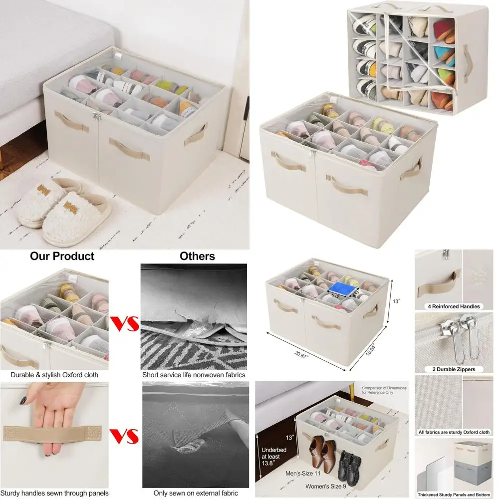 

Складной органайзер для обуви из 2 штук с регулируемыми перегородками и прозрачной крышкой, компактный шкаф для хранения на 32 пары, бежевый