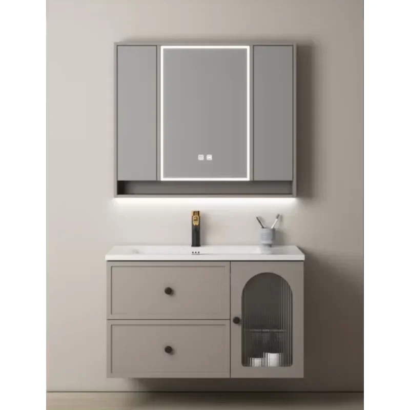 

Premium Grade Multi-layer Board Modern Style Bathroom Vanity Set With LED Mirror Cabinet