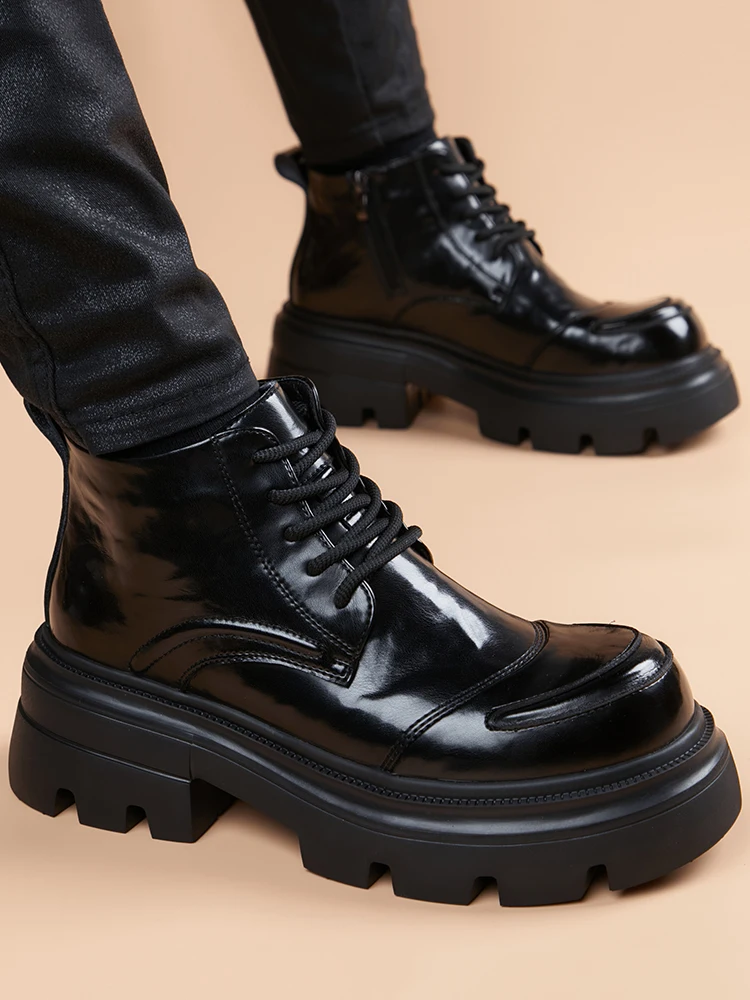 

Classic Lace-Up Boots Men's Genuine Leather Lightweight Foam Thi Bot Heightening High-Top ort Boots Briti Cas...