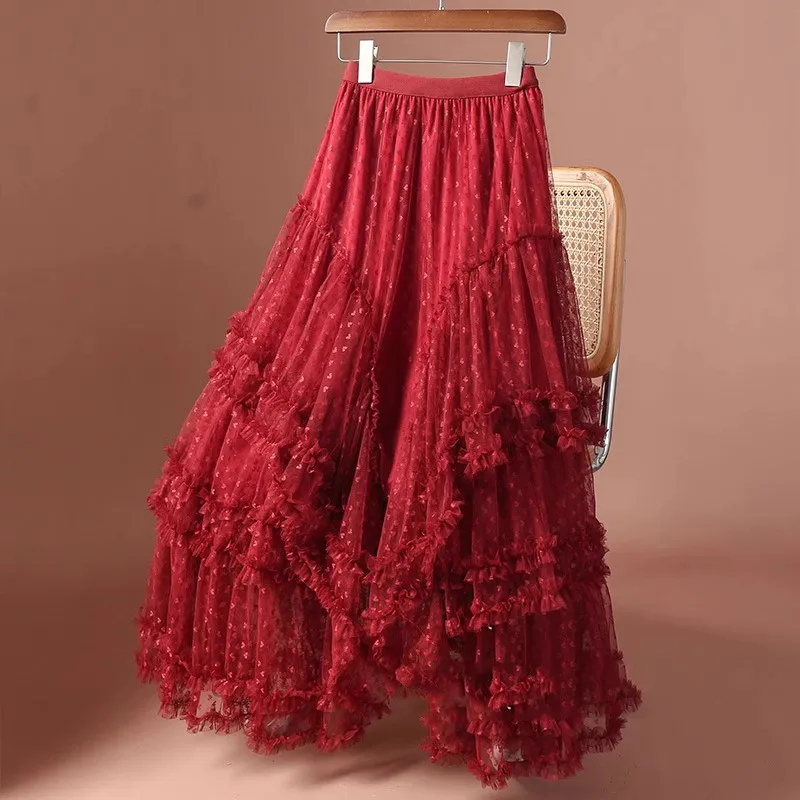 Big Pendulum Jacquard Love Gauze Skirt Plus Size Female 2026 New Summer Gauze Skirt Fluffy Fairy Cake Dress Women