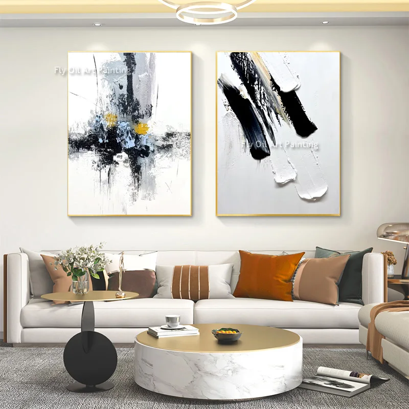 Abstract Black And White Knife Thick Canvas Wall Art Handpainted New Design Set Of Two Gray White Oil Painting Modern Home Decor