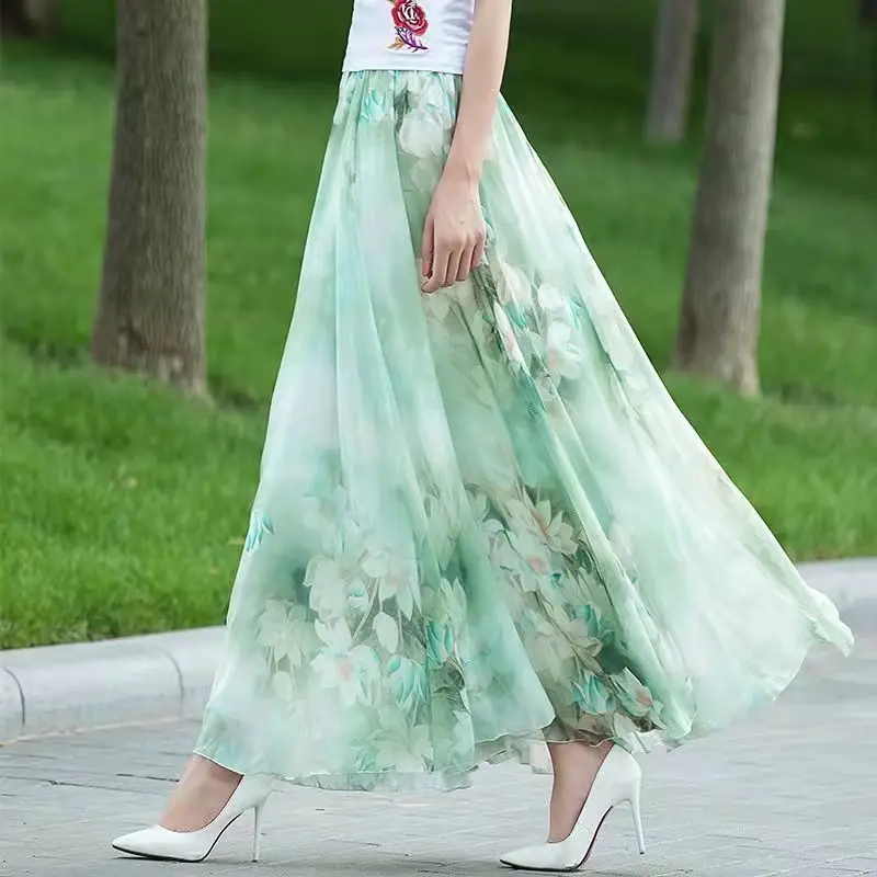 Womens Summer Skirts Hot Sales Korean Style Fashion Floral Print Chiffon High Waist Skirt Female Elegant A- line Boho Long Skirt