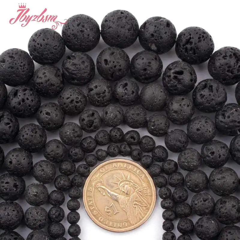 4/6/8/10/12/16/18mm Round Black Lava Rock Natural Stone Beads for DIY Loose Beads Necklace Bracelat Jewelry Making Strand 15