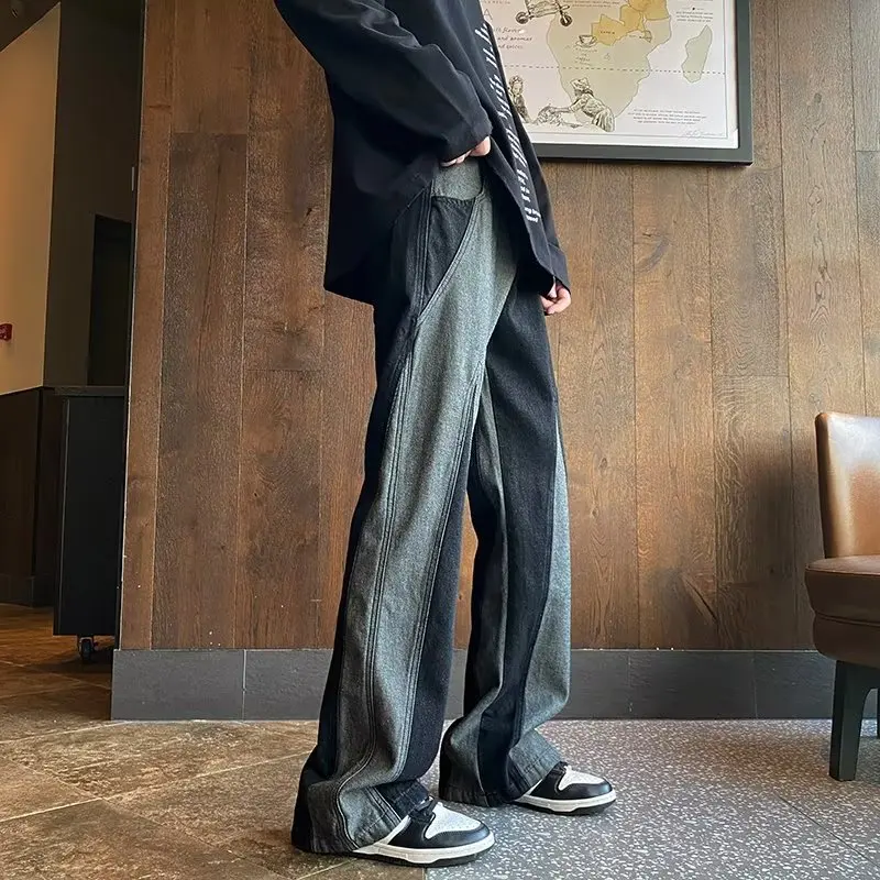 Korean Style Men's Jeans Retro Loose Straight Leg Contrast Color Mid-waist Full Length Pants Male High Street Casual Denim Pants