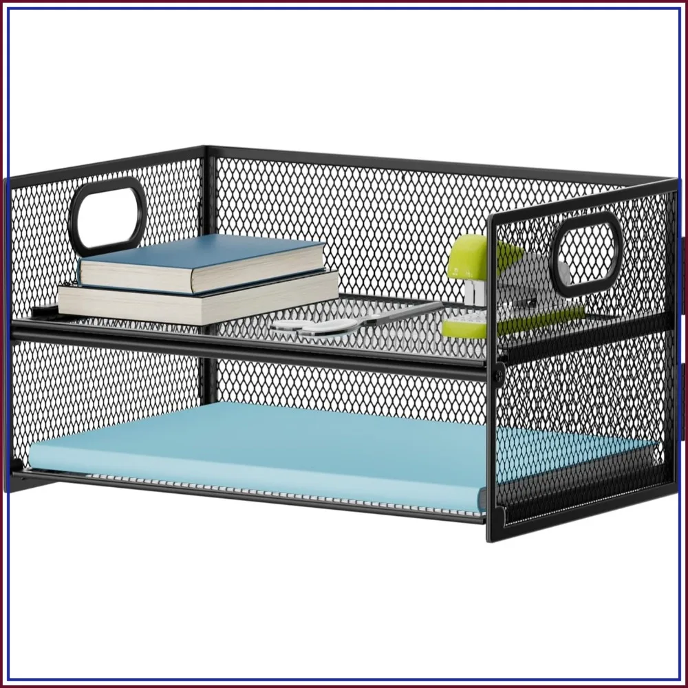 

2 Tier Mesh Paper Organizer Letter Tray with Handle, Desk File Sorter for Home Office Supplies - Black