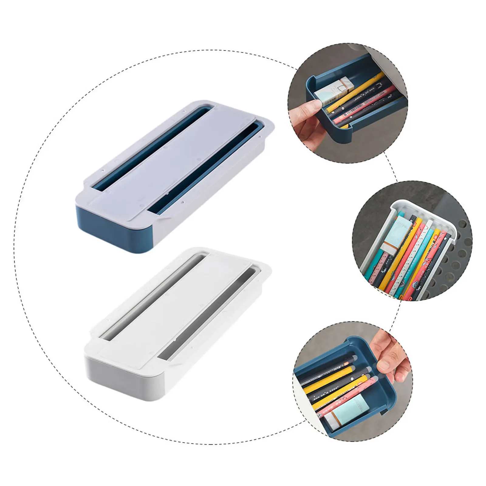 

2Pcs Drawer Type Hidden Storage Box Self-Adhesive Under Table Stationery Organizer Pen Pencil Desktop Space Saver