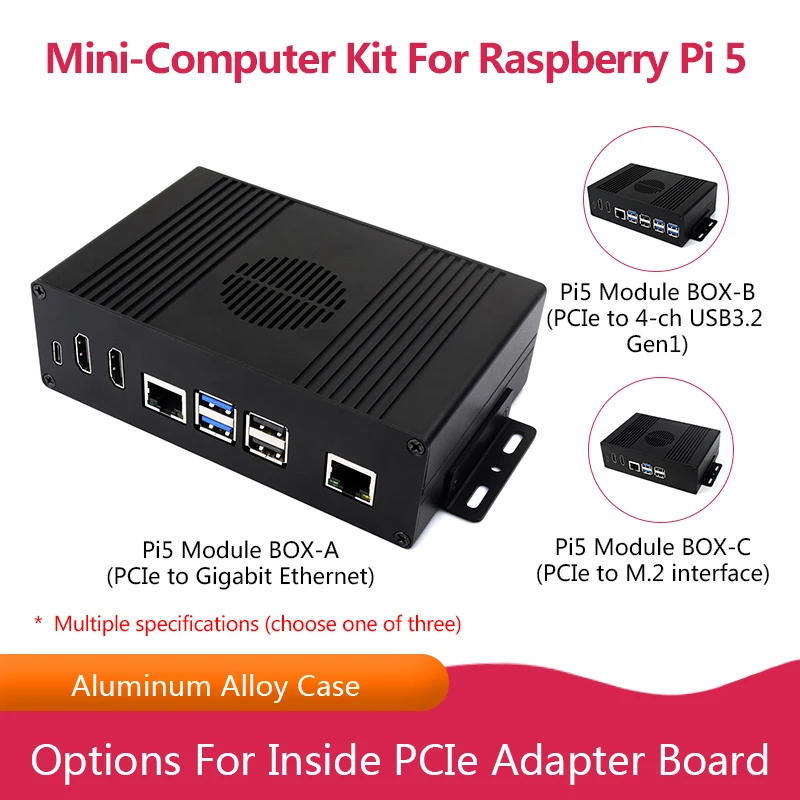 Kit Mini-Computer All-in-one multifunzionale per Raspberry Pi 5, custodia in lega di alluminio, opzioni per scheda adattatore PCIe interna