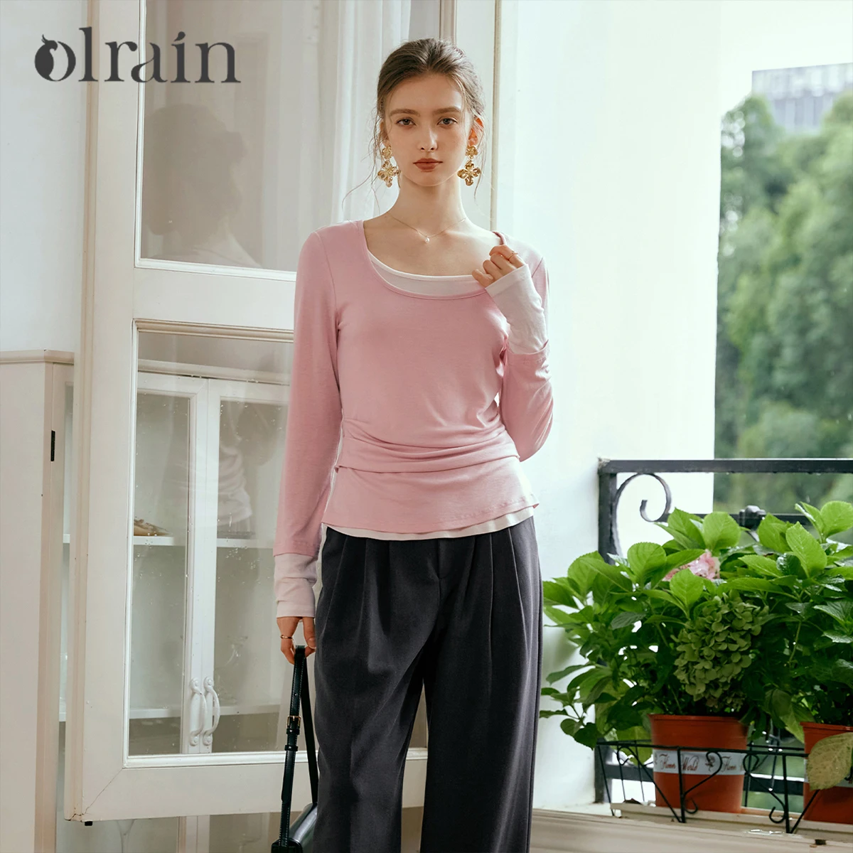 

OLrain Casual Long Sleeve Tees Patchwork 2 in 1 T-shirts for Woman 2025 Summer Slim Fit Knitted Tops Female Clothing M56QT93096
