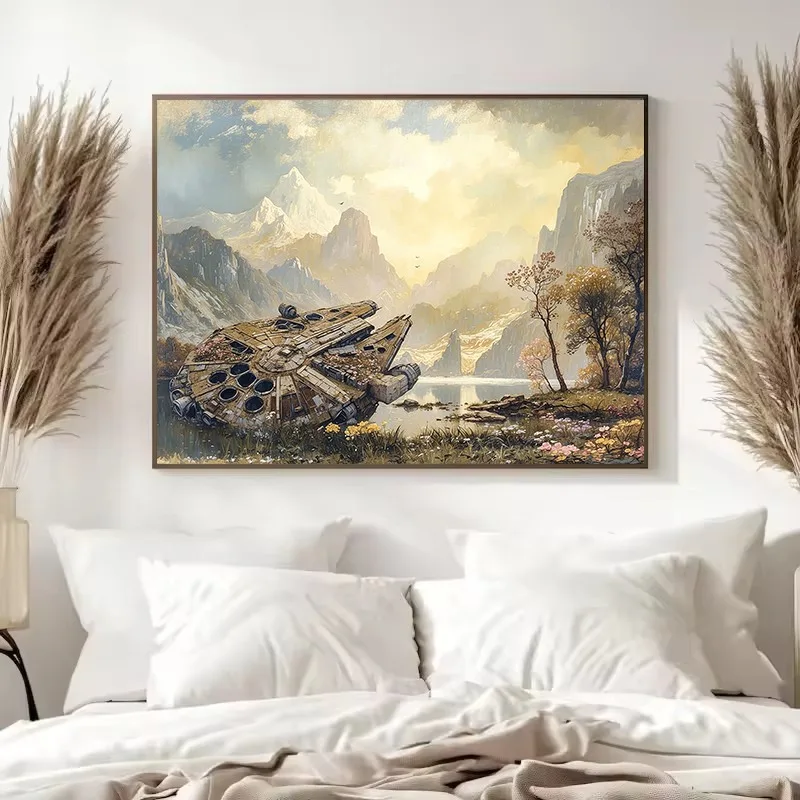 Watercolor Spaceship Falcon in Wildflowers Fantasy Landscape Sci-fi Movie Canvas Poster Wall Art Pictures Home Decor