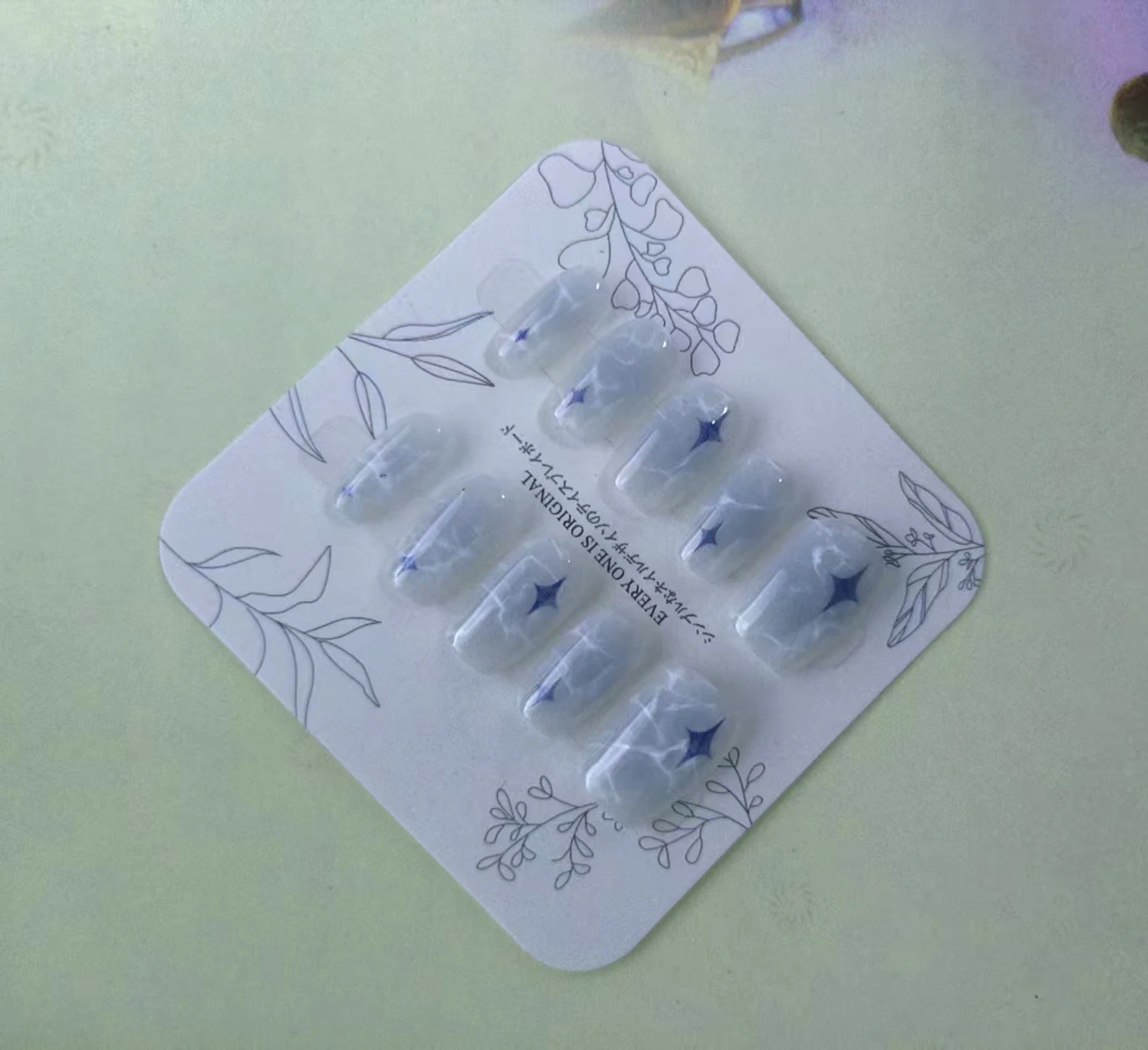10pcs Summer Water Ripple Kawaii Star Fake Nails Press On Nails Tips Reusable Blue Korean Short Square False Nails