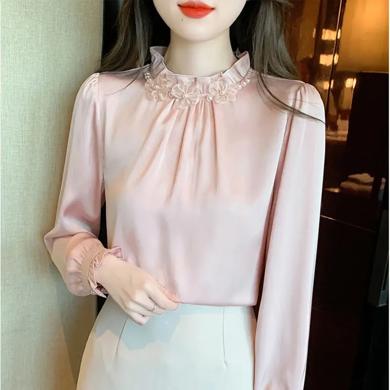 2023 Spring Autumn Stand Collar Fashion Solid Color Long Sleeve Blouse Women Elegant Pleated Edible Tree Fungus All-match Shirt