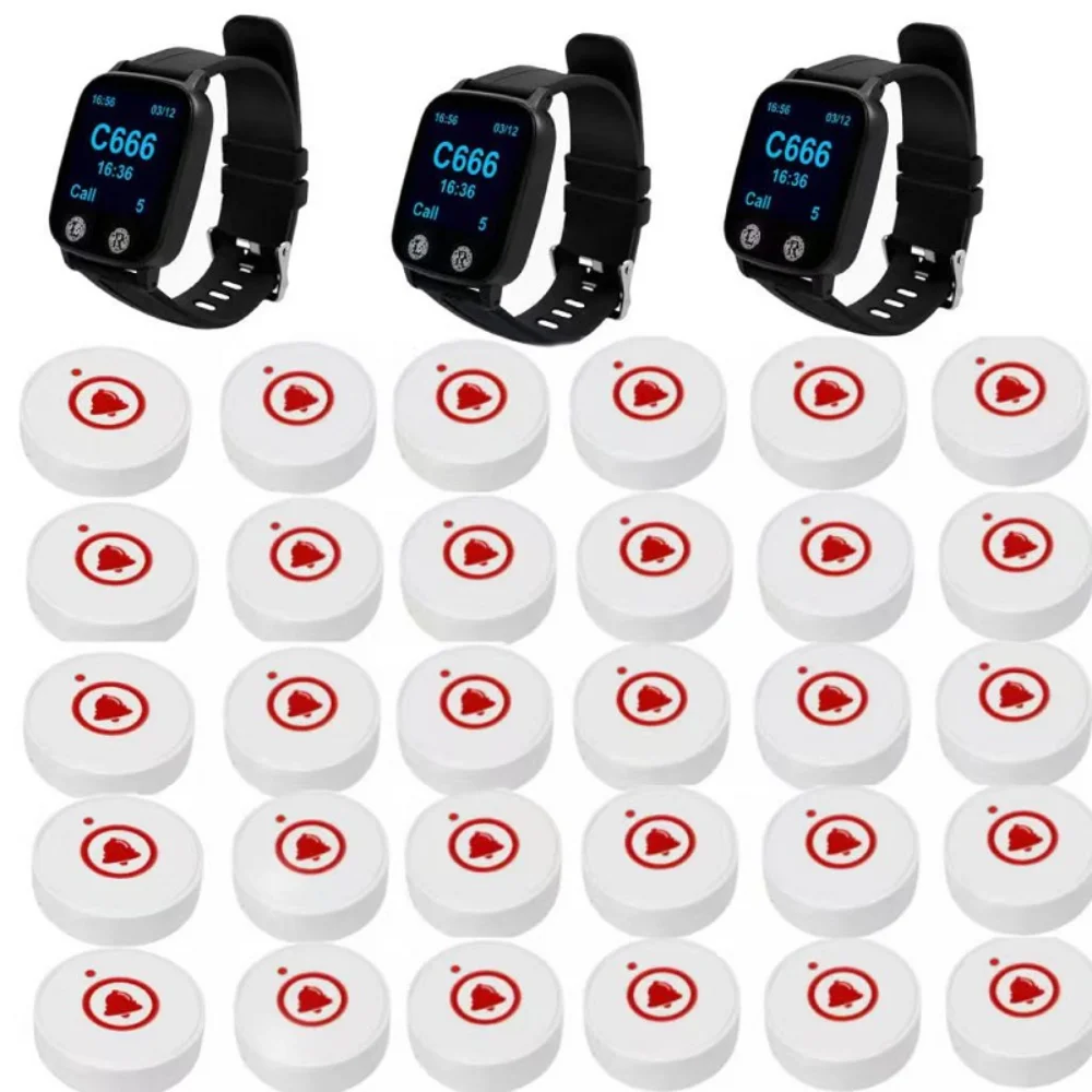 Caregiver Nurse Alert Pager System Waterproof Wireless Service Calling System 3 Watch Receivers 30 Call Buttons Buzzer Reminder