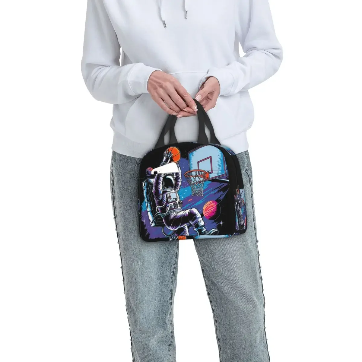 Astronaut Playing Basketball In Space Insulated Lunch Bag for Women Children Leakproof Food Boxes Thermal Lunch Box Tote