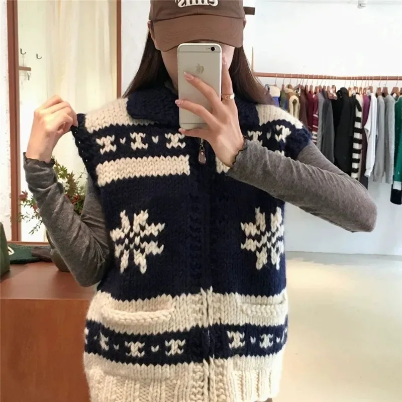 2025年秋新作 襟付きセーターベスト レディース 韓国ファッション ジッパー ジャカード ノースリーブ ニットジャケット レディースカーディガン